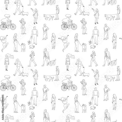 Black and white monochrome seamless pattern with many walking and standing people in summer clothes. Line art. On white background.