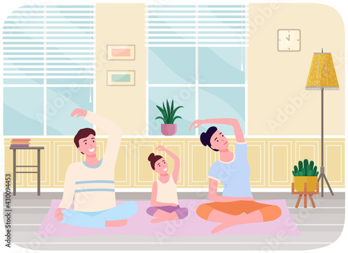Mother, father and daughter doing yoga in lotus position at home together. Happy family leads healthy lifestyle, joint active pastime, common family sports. Family doing yoga sitting at home on carpet
