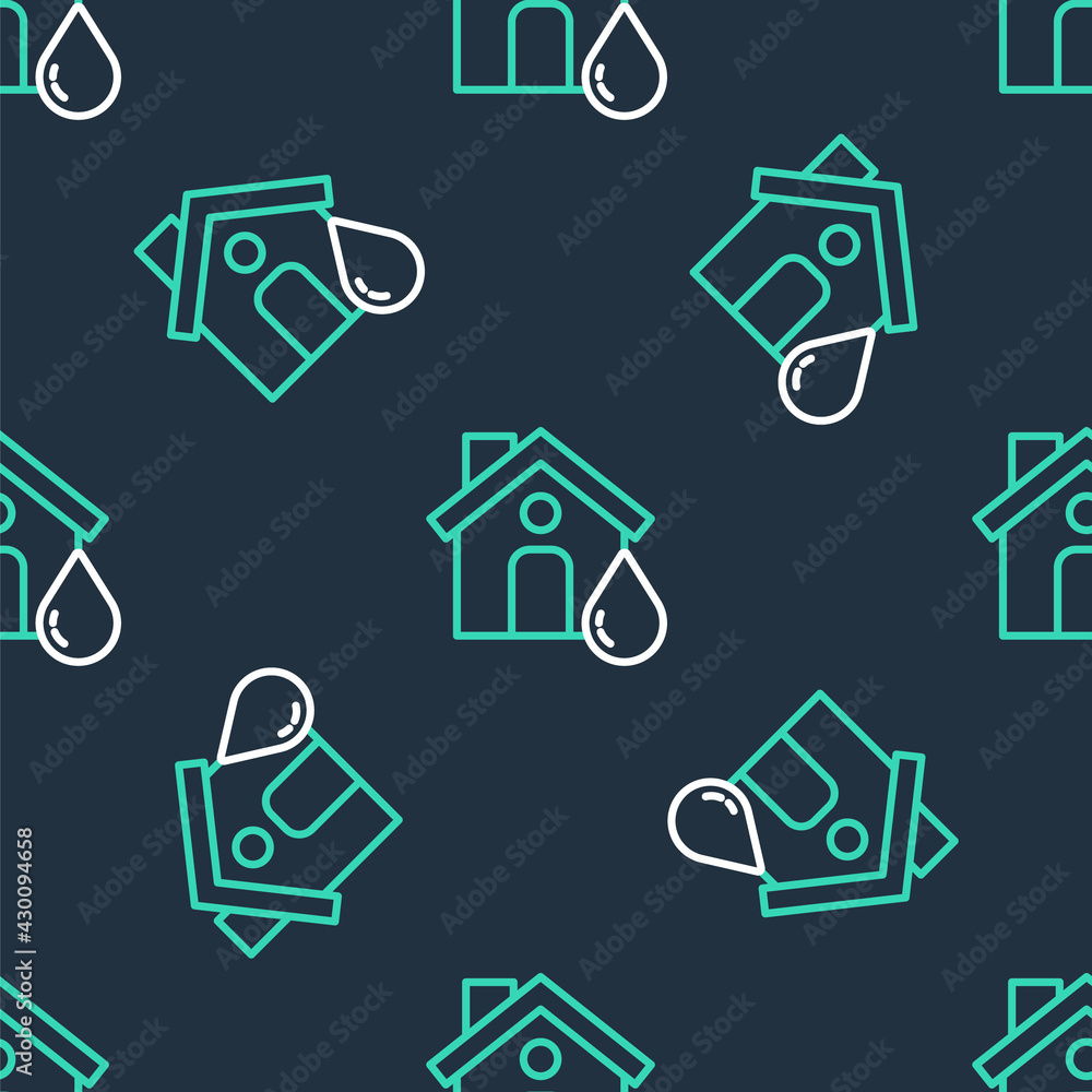 Line House flood icon isolated seamless pattern on black background. Home flooding under water. Insurance concept. Security, safety, protection, protect concept. Vector Line House flood icon isolated seamless pattern on black background. Home flooding under water. Insurance concept. Security, safety, protection, protect concept. Vector