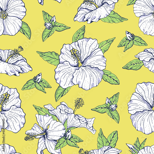 Vintage seamless pattern with line art white hibiscus flowers, buds and leaves, with dark outline. On yellow background. Stock vector illustration.