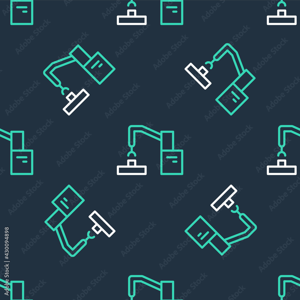 Line Industrial machine robotic robot arm hand factory icon isolated seamless pattern on black background. Industrial robot manipulator. Vector