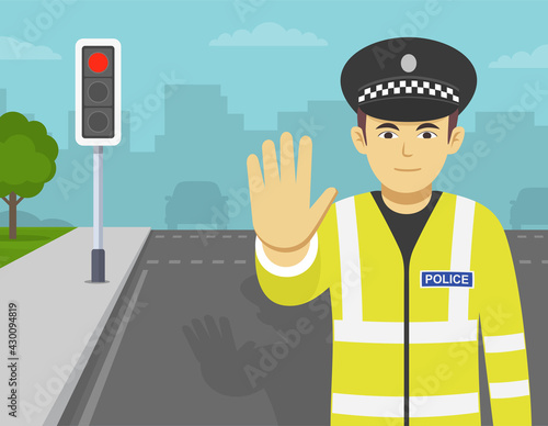 Traffic officer makes a stop gesture with his hand. City road with traffic light. Front view. Flat vector illustration template.