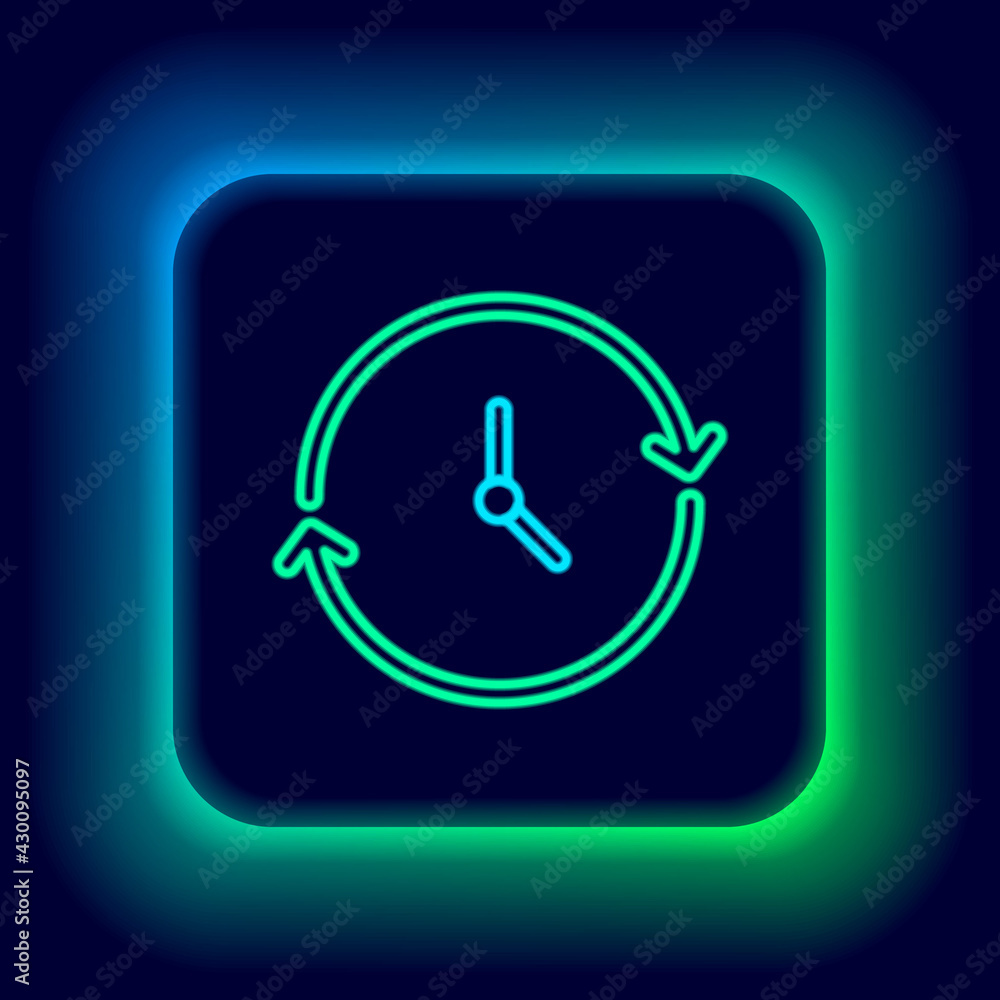 Glowing neon line Clock icon isolated on black background. Time symbol. Colorful outline concept. Vector Glowing neon line Clock icon isolated on black background. Time symbol. Colorful outline concept. Vector