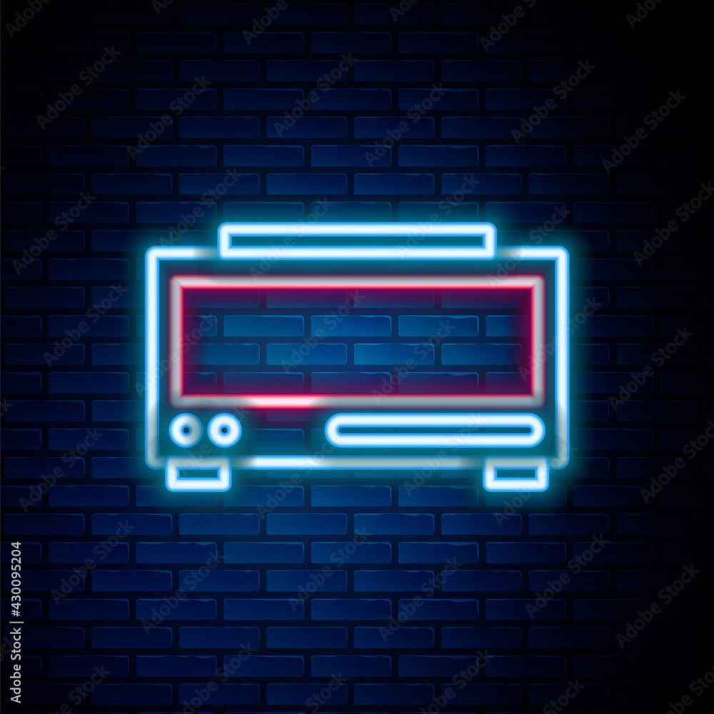 Glowing neon line Digital alarm clock icon isolated on brick wall background. Electronic watch alarm clock. Time icon. Colorful outline concept. Vector Glowing neon line Digital alarm clock icon isolated on brick wall background. Electronic watch alarm clock. Time icon. Colorful outline concept. Vector