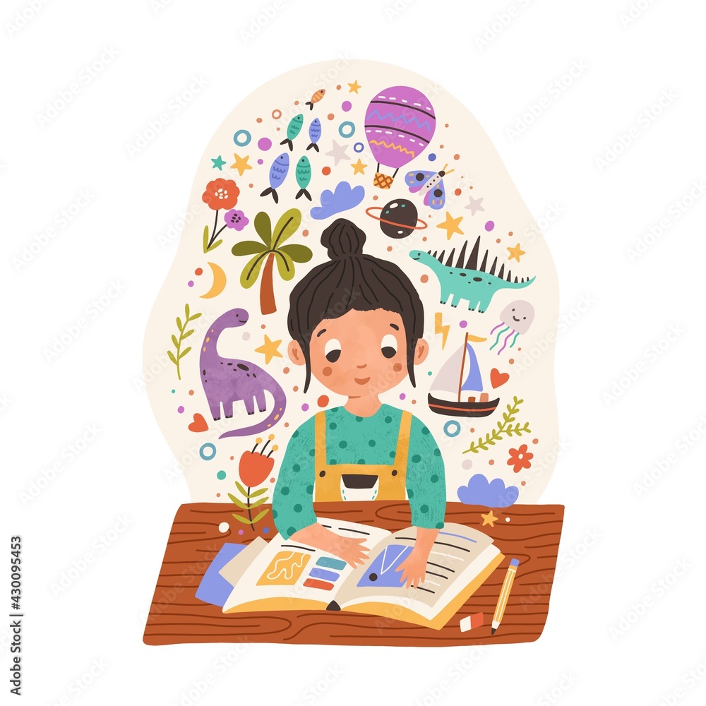 Sweet girl sitting at desk with scrapbook or reading fairy tale book. Kid with creative imagination. Happy child making notes in whimsical notebook. Colored flat vector illustration isolated on white Sweet girl sitting at desk with scrapbook or reading fairy tale book. Kid with creative imagination. Happy child making notes in whimsical notebook. Colored flat vector illustration isolated on white