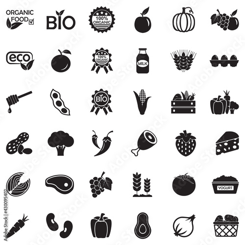 Organic Food Icons. Black Flat Design. Vector Illustration.