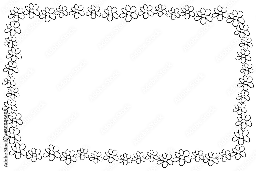 Vector hand drawn frame, border from black outline small flowers in doodle style. Cute simple primitive background, decoration for invitation, greeting card, wedding Vector hand drawn frame, border from black outline small flowers in doodle style. Cute simple primitive background, decoration for invitation, greeting card, wedding