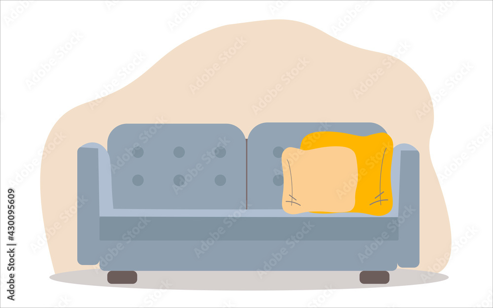A comfortable sofa on a white background with two pillows. Isolated blue sofa in the interior. Vector icon A comfortable sofa on a white background with two pillows. Isolated blue sofa in the interior. Vector icon
