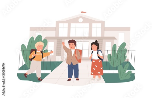 Happy children with backpacks meeting near school building. Girls and boys greeting each other. Elementary pupils with schoolbags. Colored flat vector illustration isolated on white background