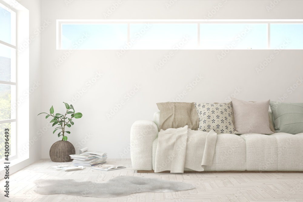 Naklejka premium Soft color living room with sofa. Scandinavian interior design. 3D illustration