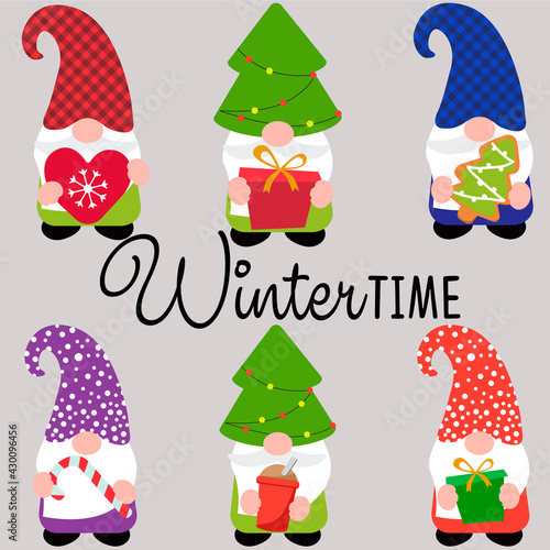 Winter time funny cartoon gnomes vector illustration