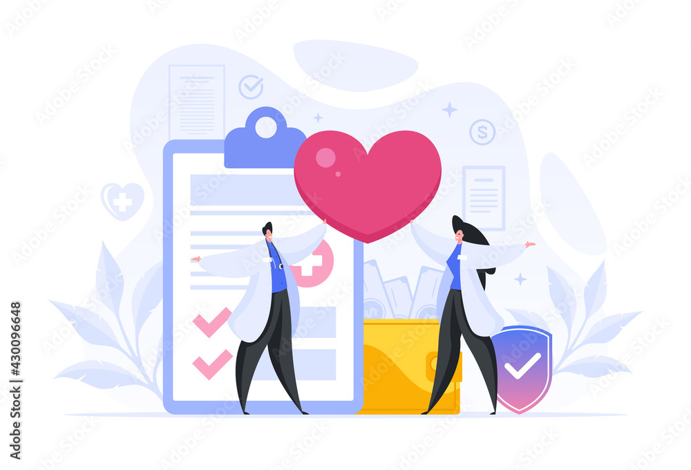 Colorful vector illustration of man and woman in medical uniform holding large heart while standing near clipboard with health insurance