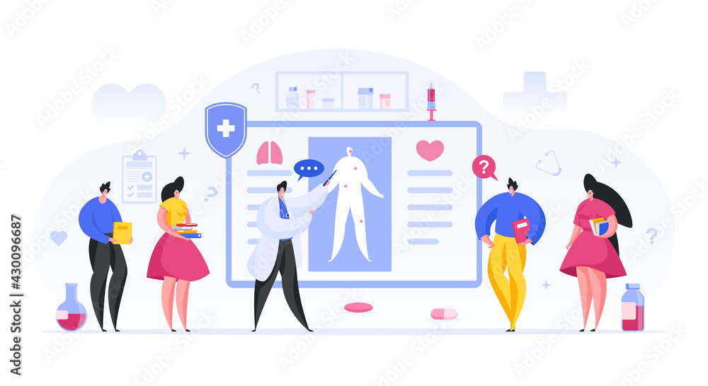 Colorful vector illustration of male lecturer speaking and showing human body scheme to students during lesson in modern medical university