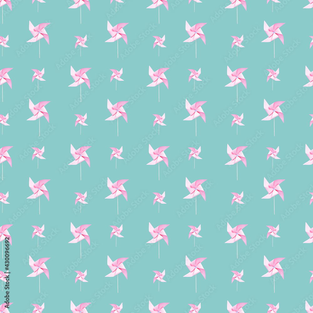Pink paper windmills on turquoise background seamless pattern Pink paper windmills on turquoise background seamless pattern