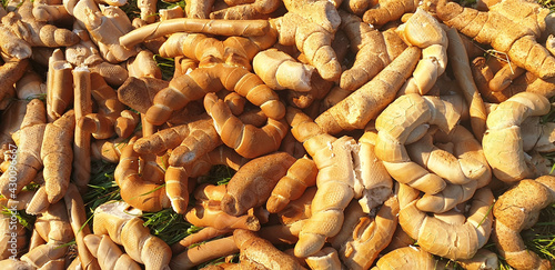 Photography Panorama of discarded bread in the grass on the ground in Italy.