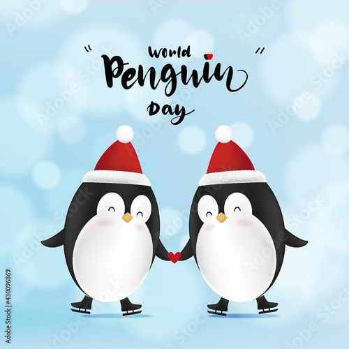 World Penguin Day, April 25, A pair of cute little penguins in love hold hands with red heart. Vector illustration animal family or couple on blurry bokeh background