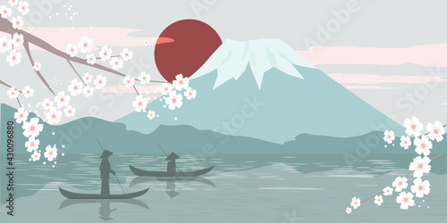 Modern minimalist art abstraction, landscape. Mount Fuji sunrise landscape panorama of Japan, fishermen in boats, lake. Branches with cherry blossoms. Vector graphics.