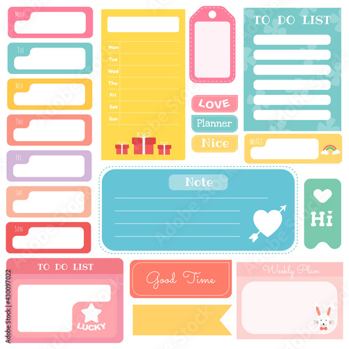 Cute paper notes. Stationary set. Scrapbook notes and cards.Printable planner stickers. Template for your message. Decorative planning element. Vector illustration.