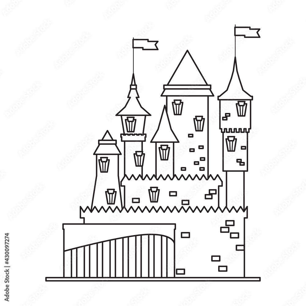 Castle tower vector outline icon. Vector illustration castle tower on white background. Isolated outline illustration icon of kingdom house.