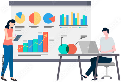 Successful business project presentation, company strategy planning, statistics indicators analysis. Analytics business information. Presenting company financial report. Presentation of start up data