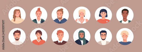 Circle avatars with young people's faces. Portraits of diverse men and women of different races. Set of user profiles. Round icons with happy smiling humans. Colored flat vector illustration