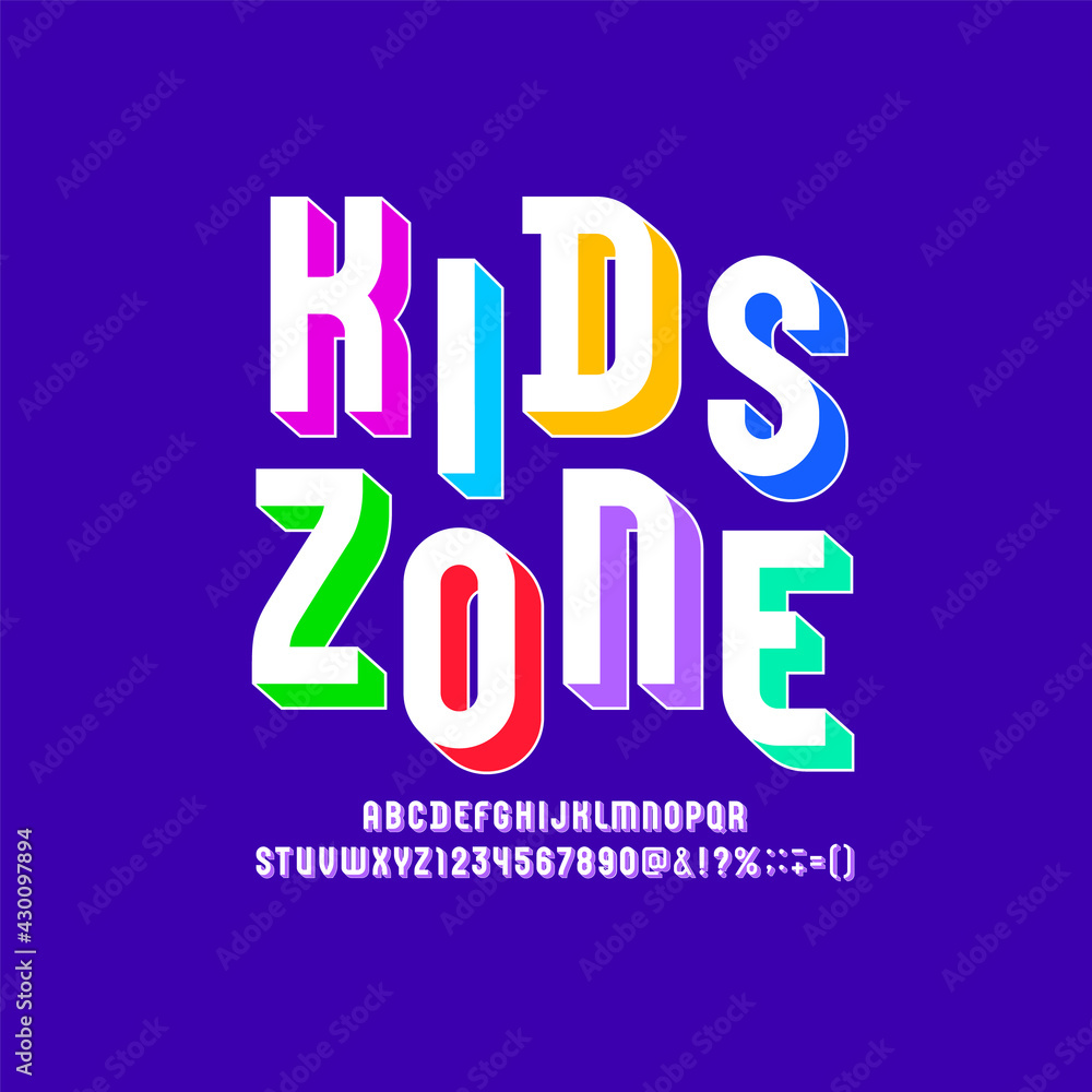 Kids playful font, 3d child alphabet, multicolored bright letters and numbers, vector illustration 10eps Kids playful font, 3d child alphabet, multicolored bright letters and numbers, vector illustration 10eps