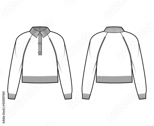 Cropped Polo Sweater technical fashion illustration with rib henley neck, classic collar, long raglan sleeves, relax fit, knit trim. Flat garment apparel front, back, white color style. Women, men CAD