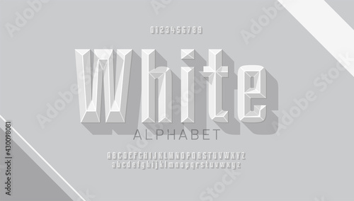 Original white retro font with facets, bold 3d alphabet set with letters and numbers.