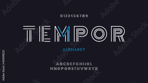 Modern trendy alphabet fonts, abstract uppercase letters and numbers formed by parallel lines.