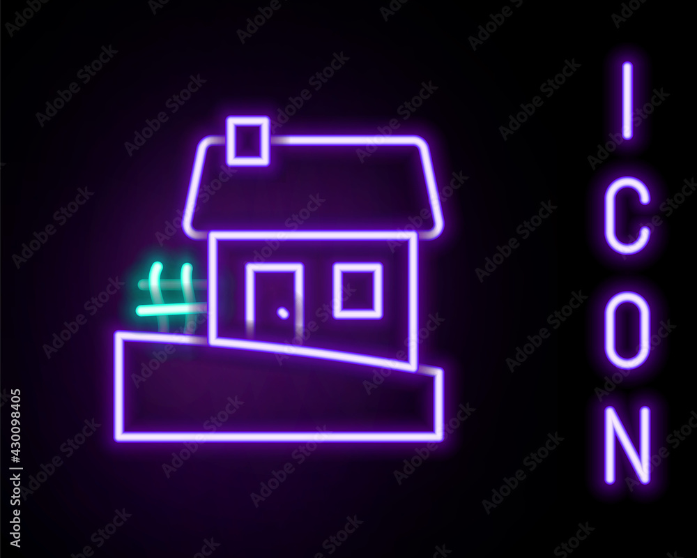 Obraz premium Glowing neon line Old Ukrainian house hut icon isolated on black background. Traditional village house. Colorful outline concept. Vector
