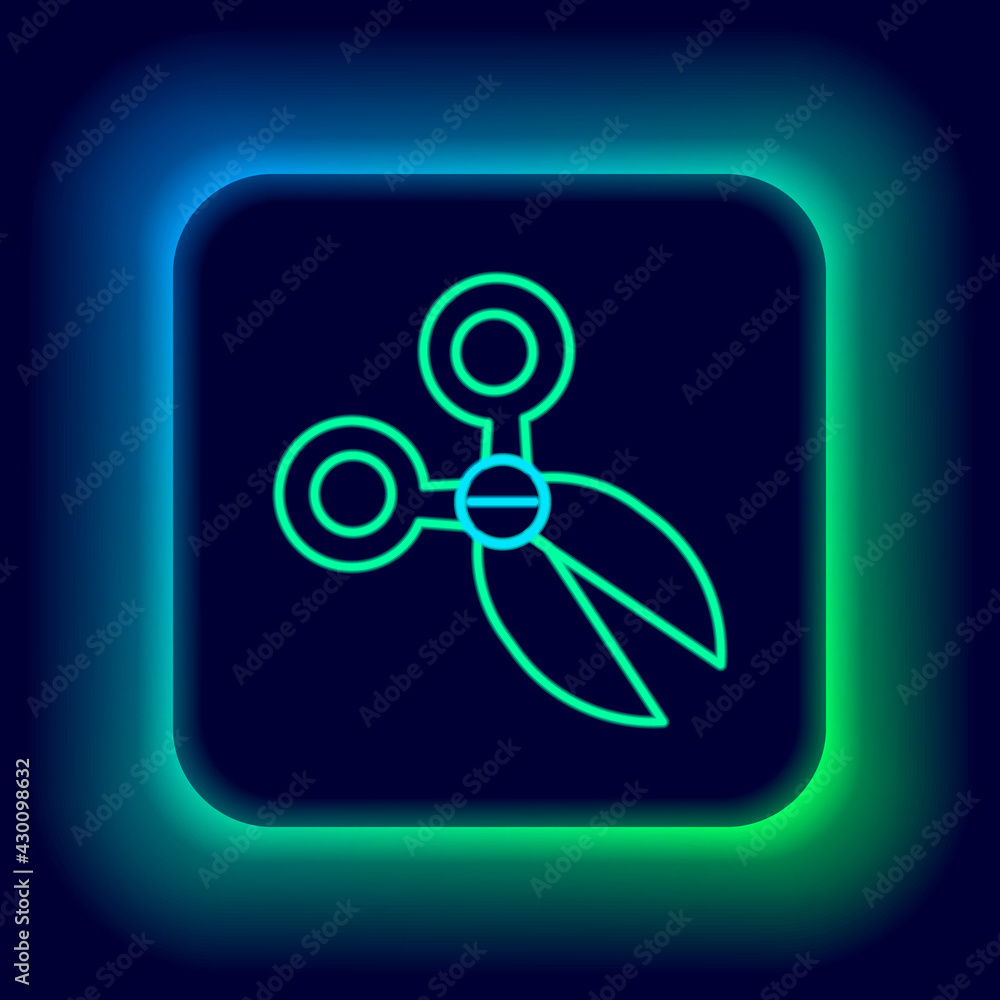 Glowing neon line Scissors icon isolated on black background. Cutting tool sign. Colorful outline concept. Vector Glowing neon line Scissors icon isolated on black background. Cutting tool sign. Colorful outline concept. Vector