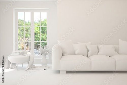 Mock up of stylish room in white color with sofa and green landscape in window. Scandinavian interior design. 3D illustration