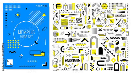 Mega Memphis set of abstract trendy geometric shapes and design elements with bright yellow color for creation advertisement, commercial banners, billboard, sale, poster, leaflet