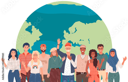 Collaboration between countries. People in national clothes stand on background of planet. Multicultural characters show greeting gesture. Representatives of world cultures waving hands near earth
