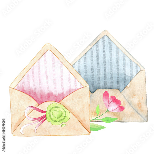 Watercolor illustration with vintage envelope. Hand painted illustration for pattern, background, cards, textures, decor or stickers.