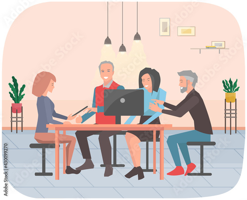 Office staff  work and communication. Head and subordinates. Various workers  managers team. Business employees on their workspace. Office workers. Co-workers. Colleagues discuss project teamwork