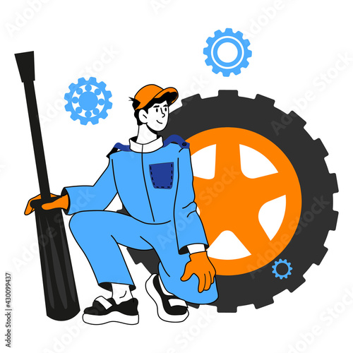 Tire or car  service auto mechanic cartoon character against huge wheel, vector illustration isolated on white background. Design for car repair and  maintenance technical workshop.