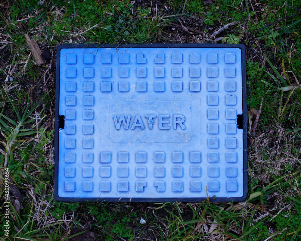 Obraz premium A blue water utility company hatch in a lawn.