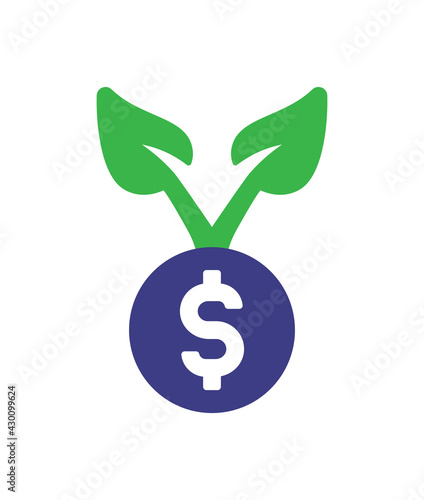 Investment icon vector illustration. Business financial concept of plant growing on dollar coin.