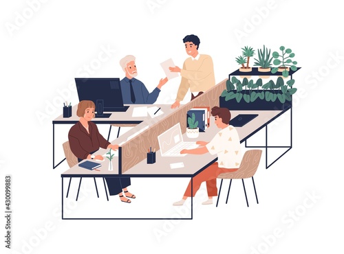 Happy young people working at their cozy workplaces. Positive atmosphere and comfortable environment in modern office. Colored flat graphic vector illustration of workers isolated on white background