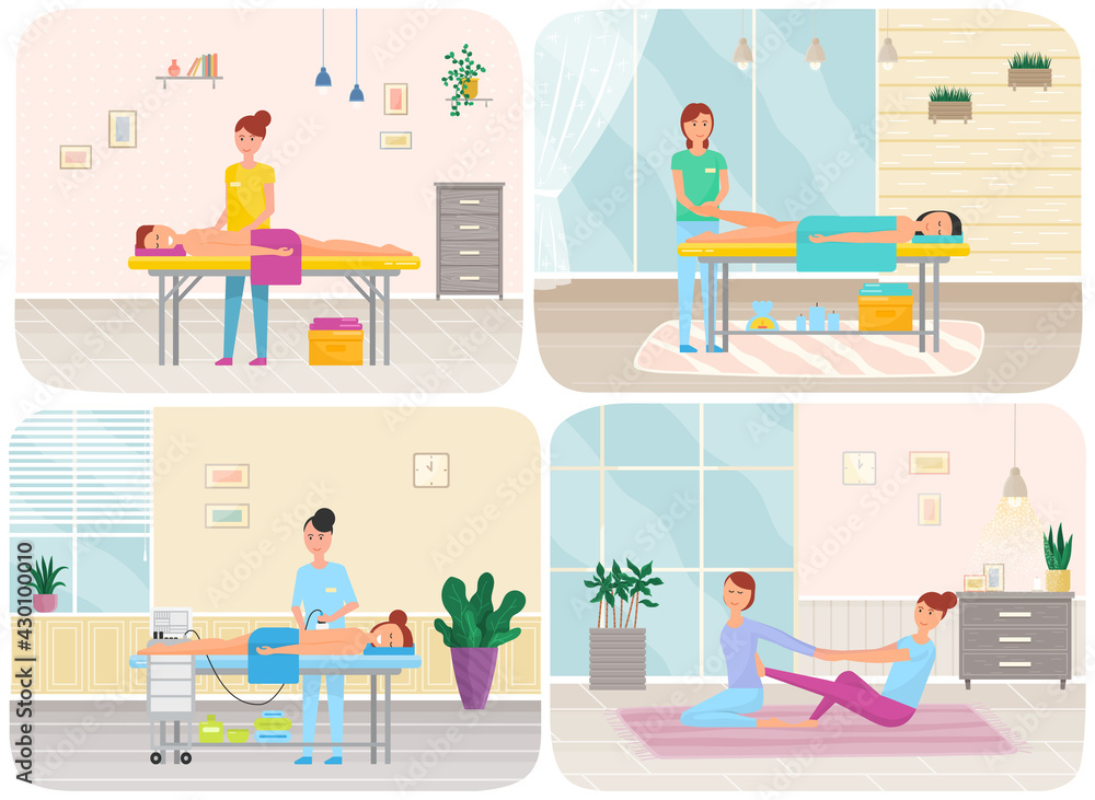 Fototapeta premium People on wellness procedures in beauty salon, massage parlour and fitness room scenes set. Woman doing vacuum massage. Girl enjoys body procedure, masseur treatment. Female do stretching, yoga