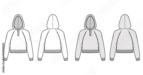Cropped Hooded Sweater technical fashion illustration with rib neck, long raglan sleeves, relax fit, waist length, knit trim. Flat jumper front, back, white grey color style. Women, unisex CAD mockup