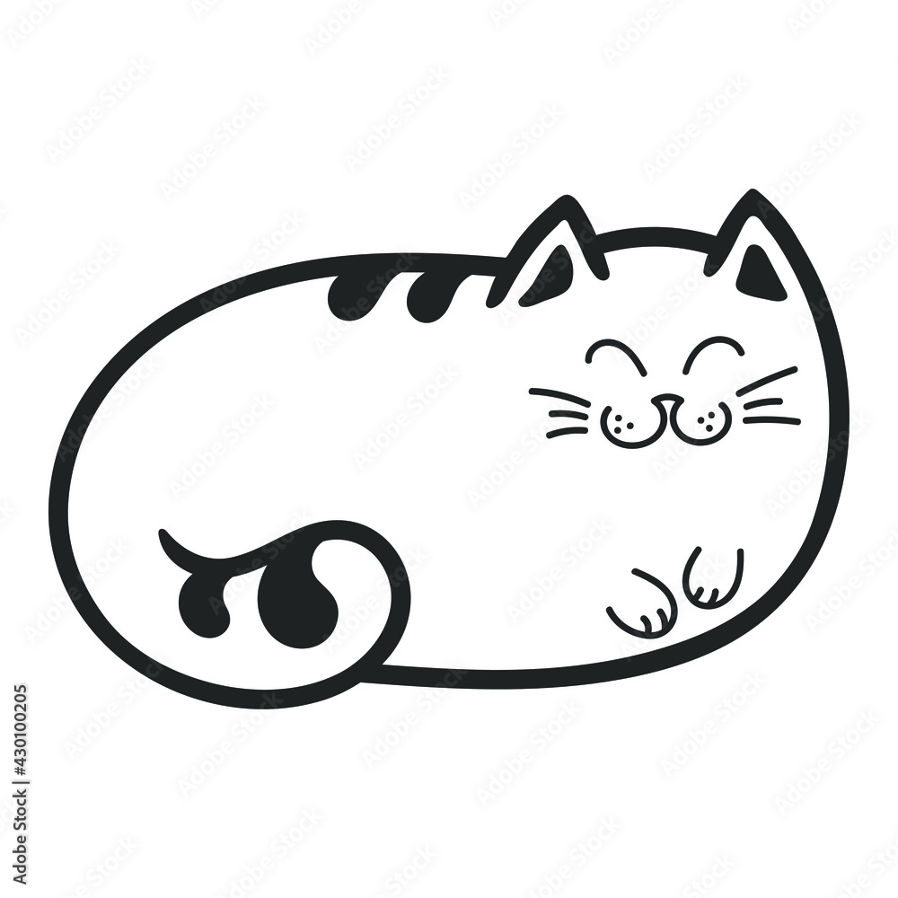 Naklejka premium A cat lying on its stomach with narrowed eyes. Hand-drawn cat character. Outline. Isolated on a white background.