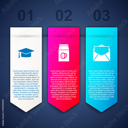Set Graduation cap, Coffee beans in bag and Mail and e-mail. Business infographic template. Vector