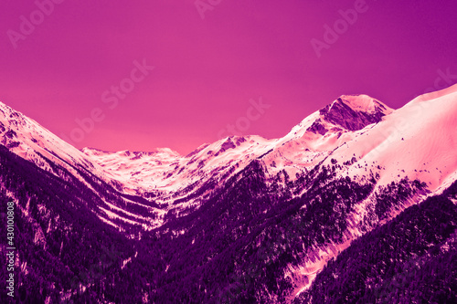 Beautiful mystic mountains sunset landscape. Mystical alpine morning, sunrise in violet and pink colors.