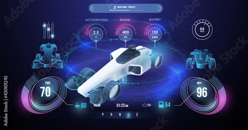 Hologram Auto in HUD UI style. Digital smart dashboard with car and control settings. Smart car illustration.