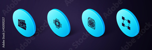 Set Isometric Blockchain technology, ASIC Miner, CPU mining farm and Cryptocurrency wallet icon. Vector