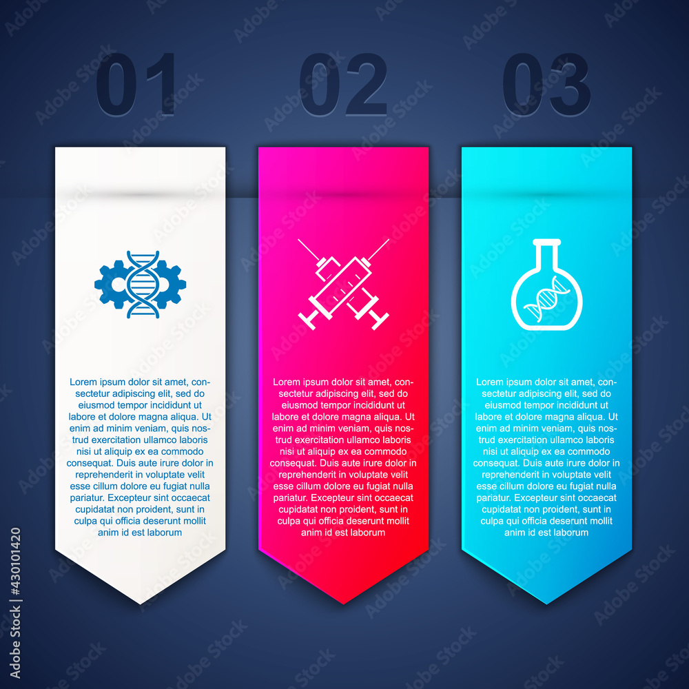 Set Gene editing, Crossed syringe and DNA research, search. Business infographic template. Vector Set Gene editing, Crossed syringe and DNA research, search. Business infographic template. Vector