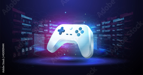 Wireless controller gamepad for play games. Neon glowing gamepad. Vector illustration with hud elements. Cloud Gaming concept.