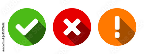 Green Yes or OK Red No or Declined Orange Problem or Warning Icon Set with Check Mark X Cross and Exclamation Mark Symbols in Circles with Rounded Corners and Shadow. Vector Image.